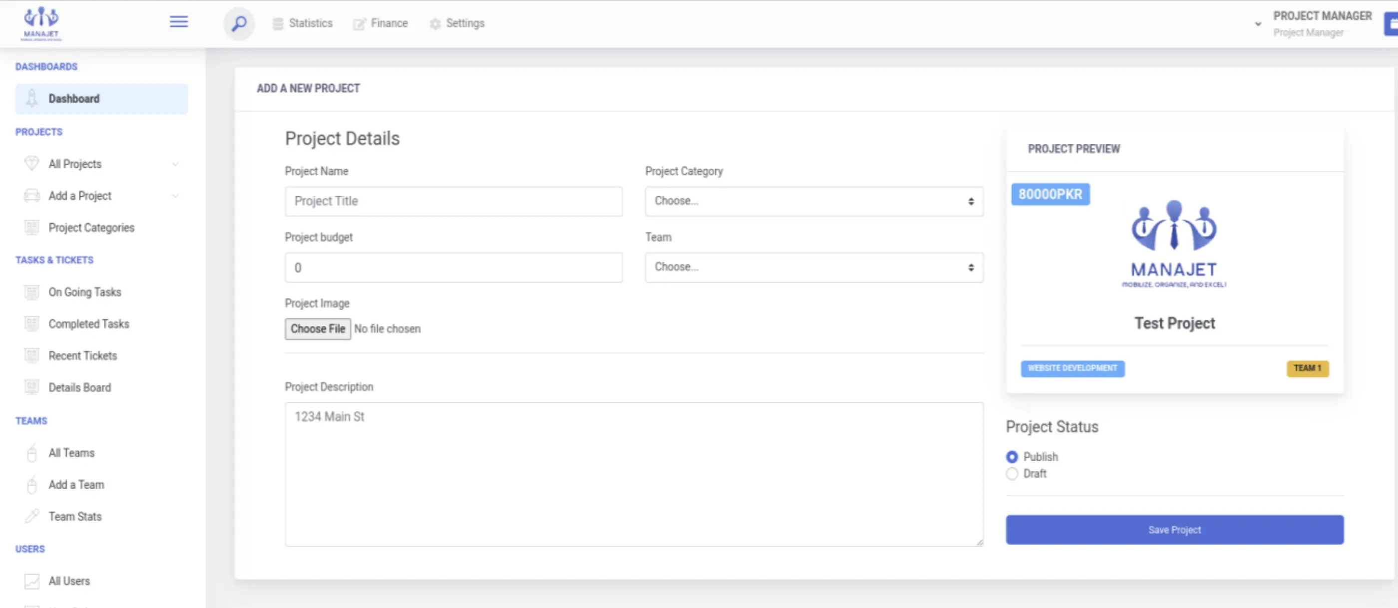 ManaJet add a project screen