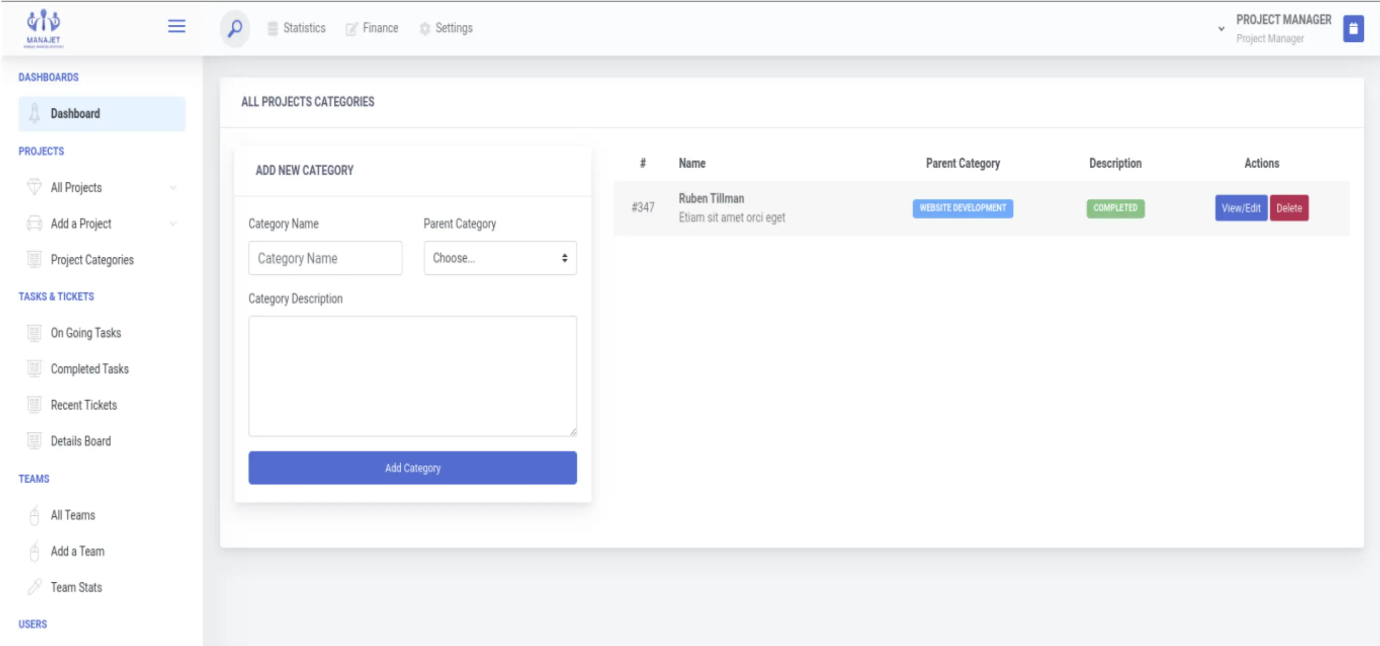 ManaJet project categories screen